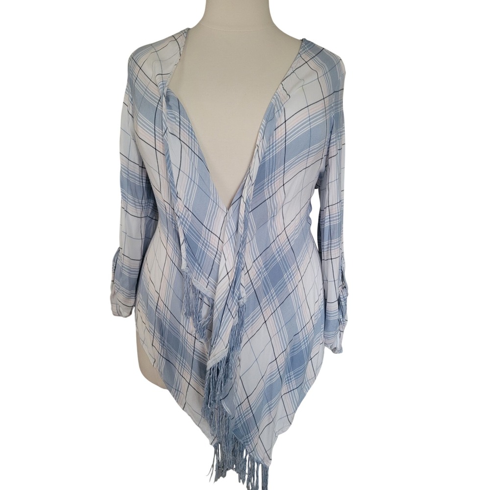Torrid Plaid Fringe Open Front Cardigan 2 Blue White Rayon Excellent